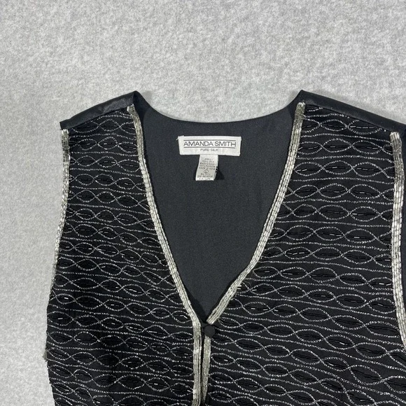 Amanda Smith L Pure Silk Black Beaded Dressy Vest Button Fairygoth Gothic Fairy - Picture 2 of 7